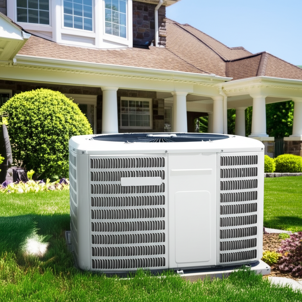 Modern residential HVAC outdoor condenser unit beside upscale home