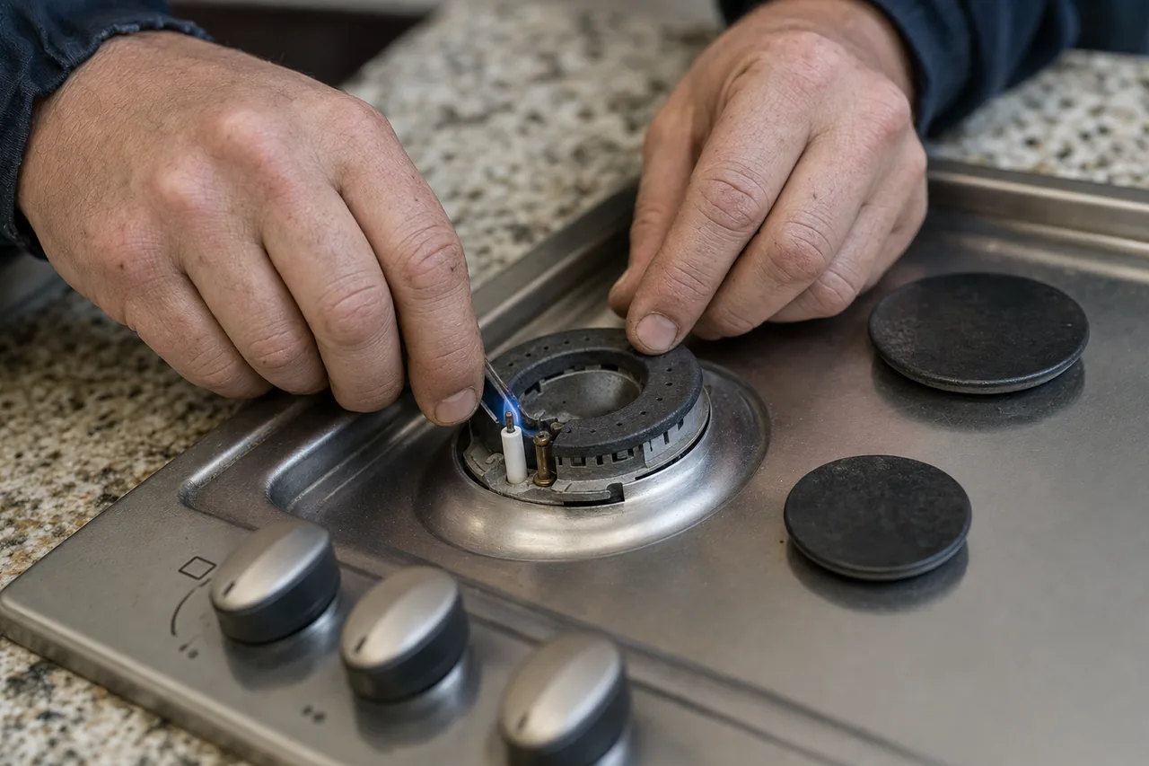 Technician adjusting a gas cooktop burner on a same-day visit