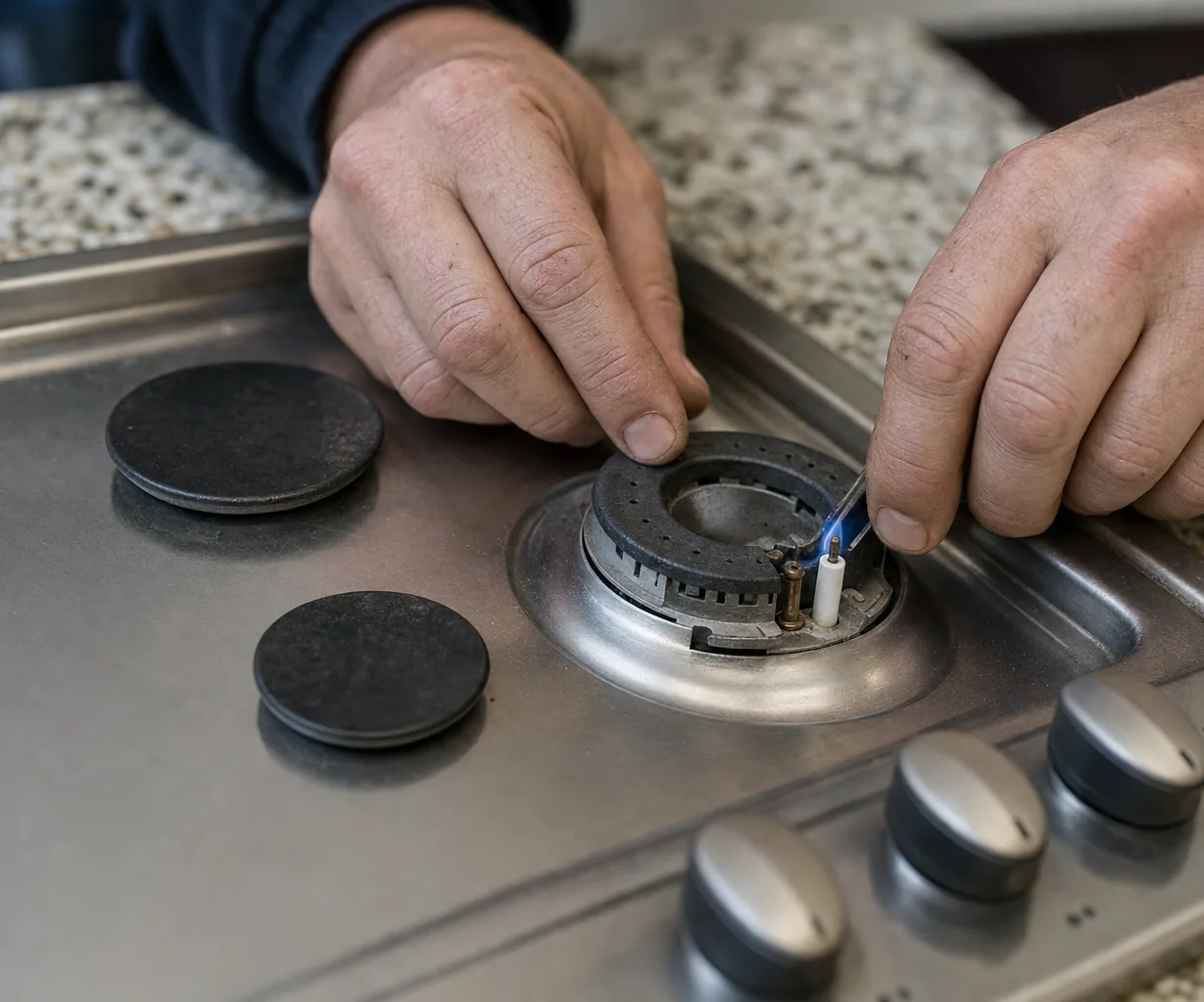 Technician adjusting a gas cooktop burner