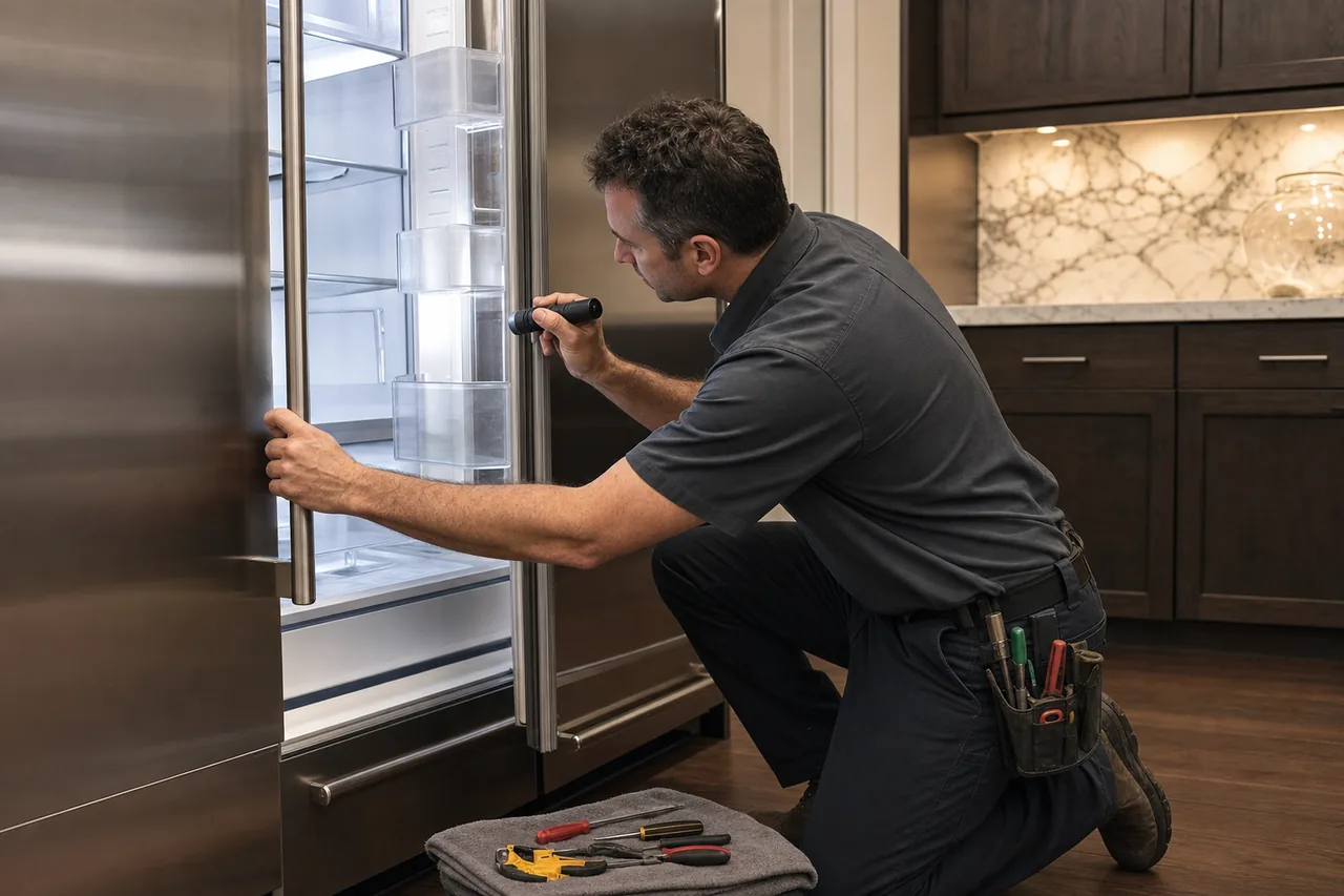 Technician repairing a built-in refrigerator up close