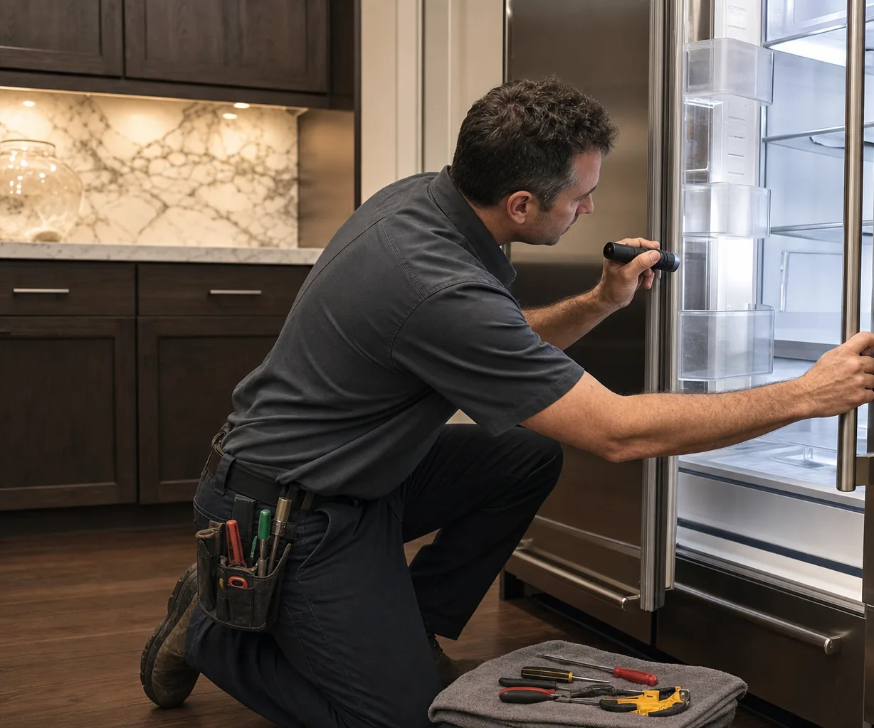 Technician repairing a built-in refrigerator up close