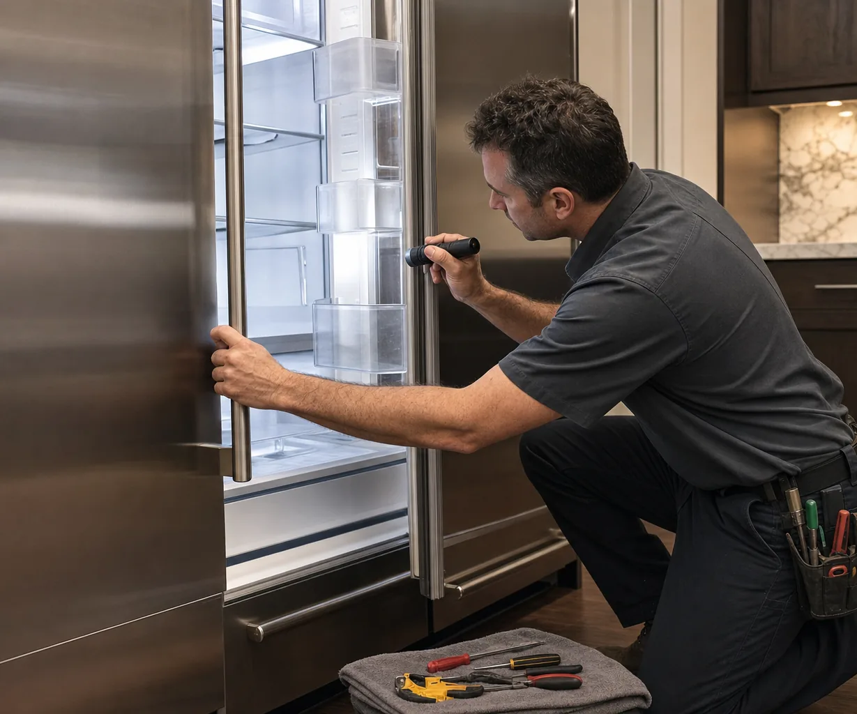 Technician repairing a built-in refrigerator mid-repair