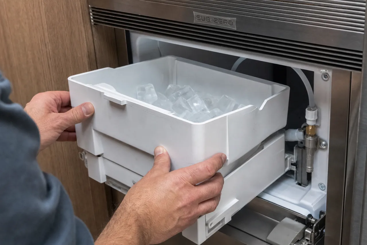 Technician servicing a built-in ice maker up close