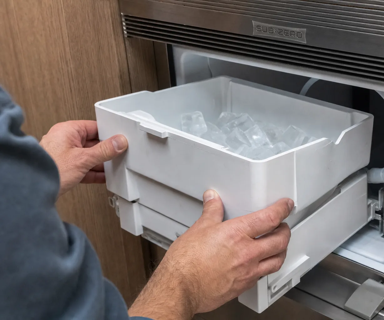 Technician servicing a built-in ice maker in a Bronxville kitchen