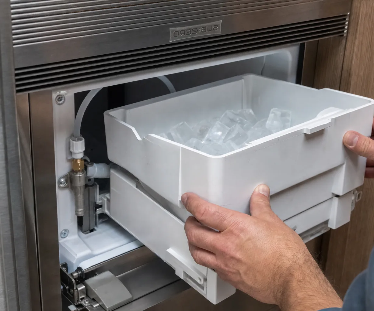 Technician servicing a built-in ice maker mid-repair