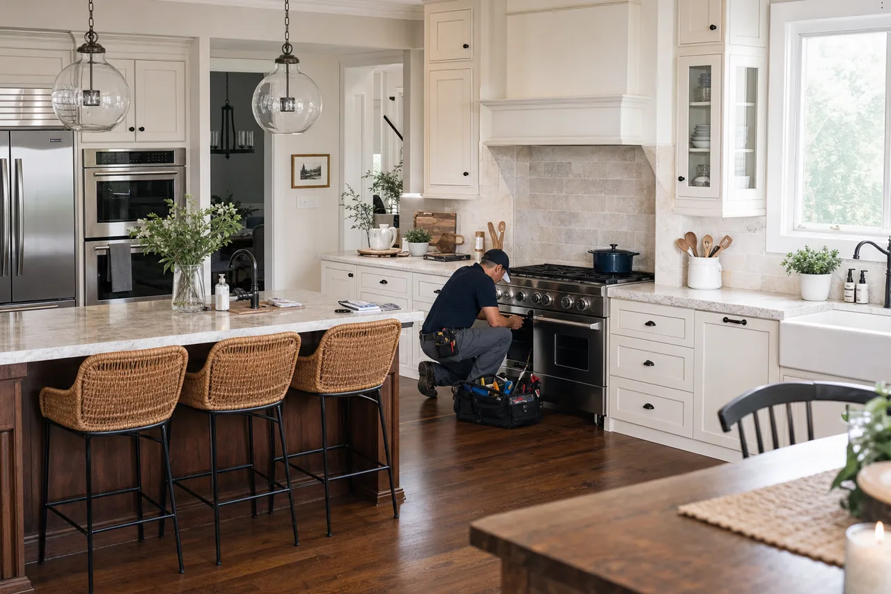 A luxury kitchen with built-in stainless appliances up close