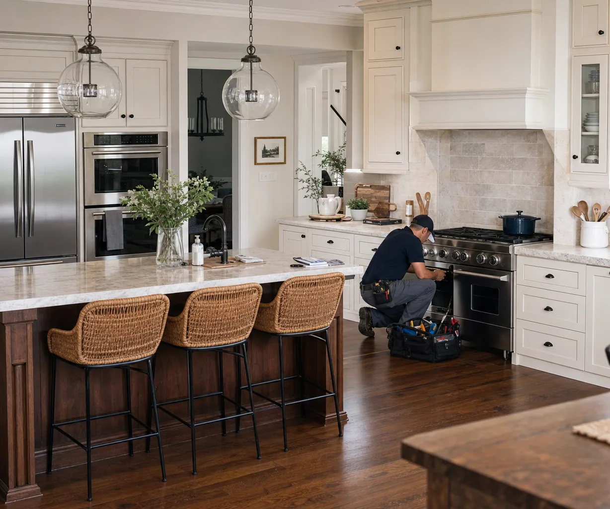A luxury kitchen with built-in stainless appliances in a Bronxville kitchen