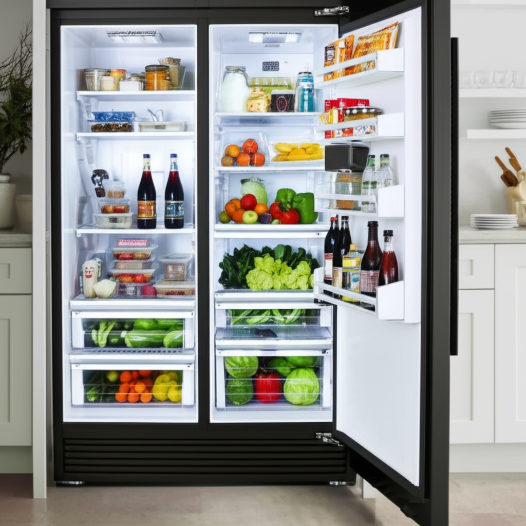 Sub-Zero built-in refrigerator with doors open showing premium interior