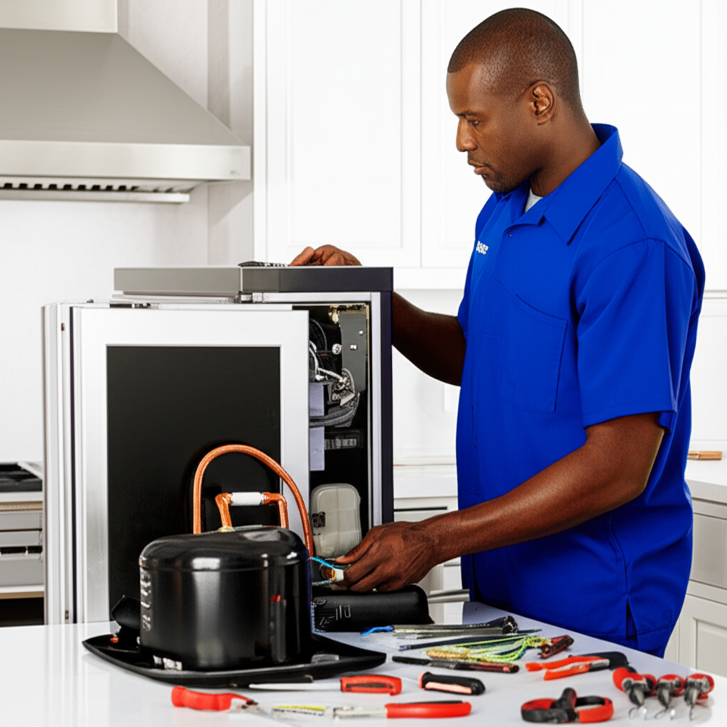 Expert technician repairing premium refrigerator