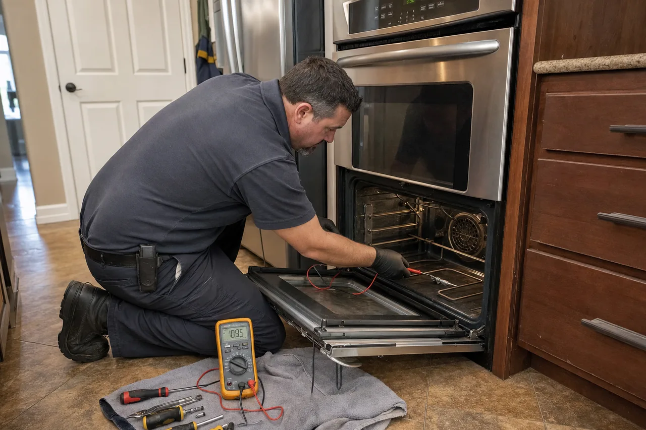Technician servicing a built-in wall oven up close