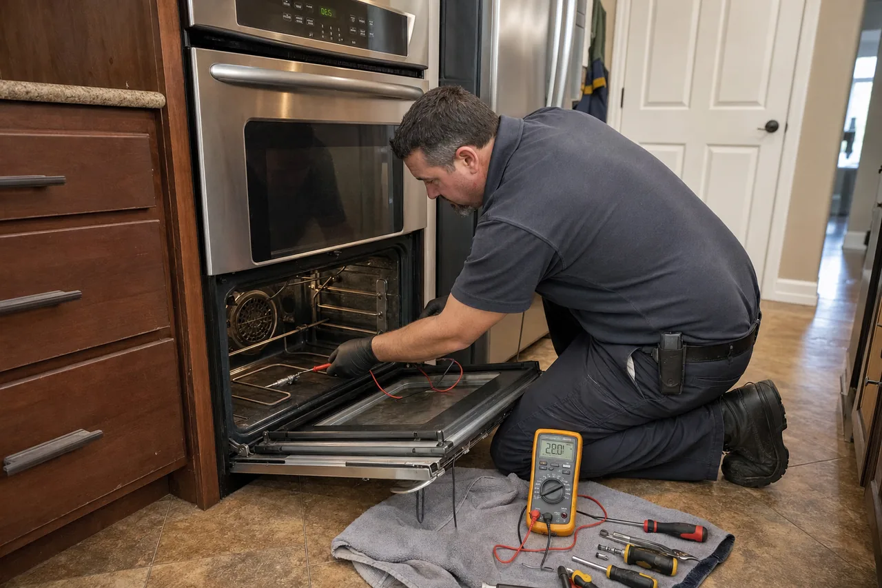Technician servicing a built-in wall oven in a Bronxville kitchen