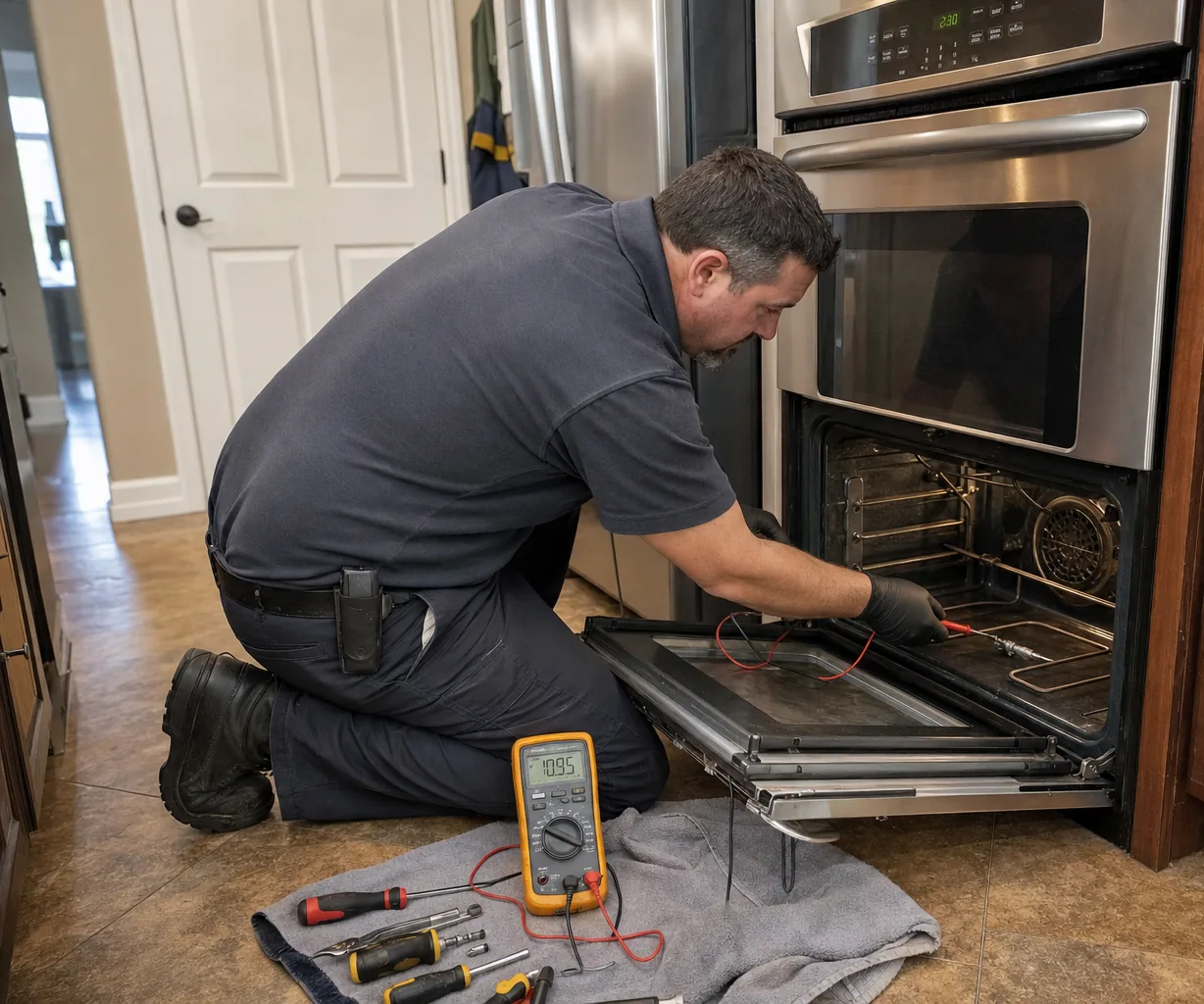 Technician servicing a built-in wall oven up close