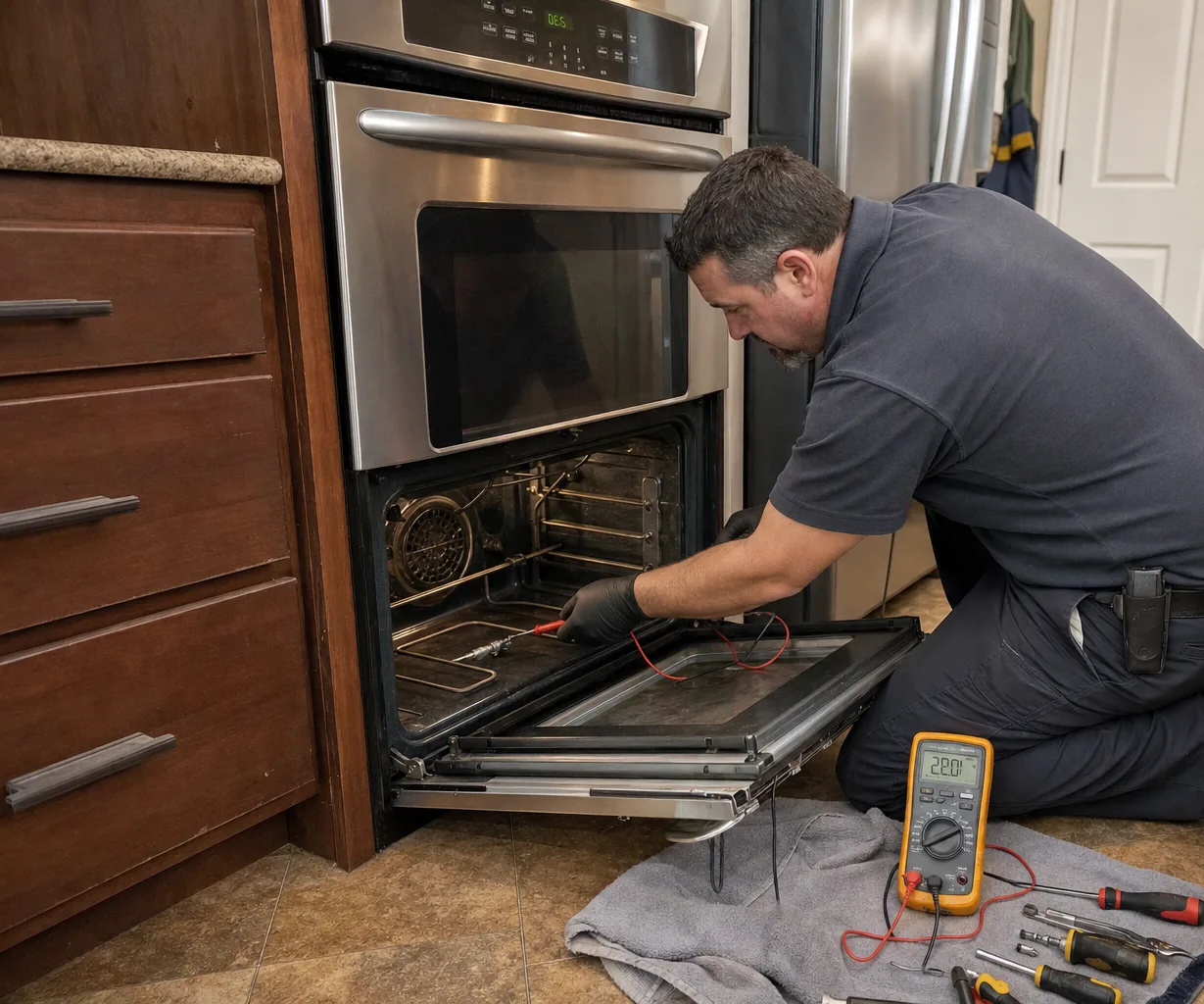 Technician servicing a built-in wall oven on a same-day visit