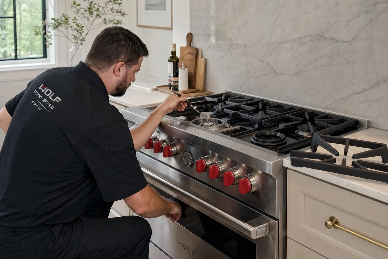 Technician servicing a stainless Wolf range