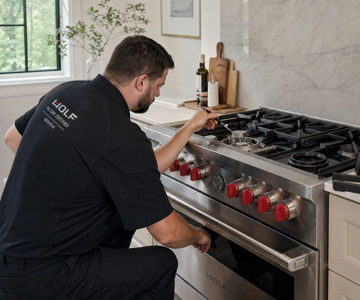 Technician servicing a stainless Wolf range in a Bronxville kitchen